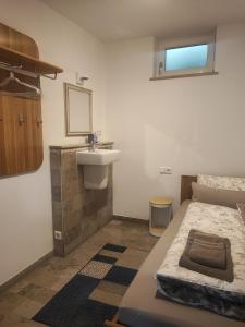 una camera da letto con un letto, un lavandino e uno specchio di Ferienwohnung am Wildpark HDH a Heidenheim an der Brenz