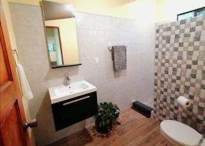 a bathroom with a sink and a toilet and a mirror at Arenal Villas Tranquilas, free-standing equipped houses in Nuevo Arenal