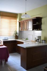 a kitchen with wooden cabinets and white counter tops at Studio 1 in Katerini in Katerini