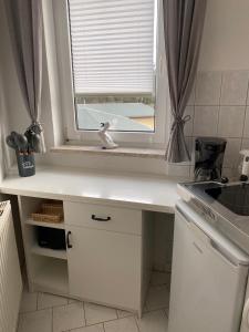 um balcão de cozinha com uma janela e um lavatório em Strandkojen em Trassenheide