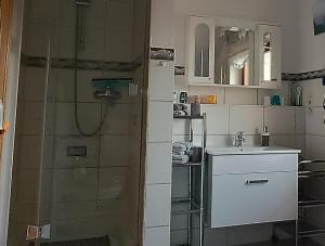 ein Bad mit einer Dusche und einem Waschbecken in der Unterkunft Ferienwohnung Hey in Elgersburg