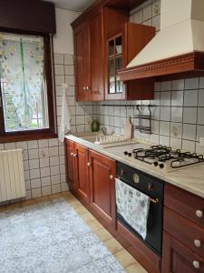 a kitchen with wooden cabinets and a stove top oven at Elisa's House, Una coccola! in Castel San Pietro Terme