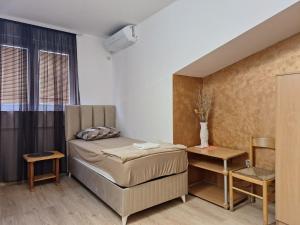a small bedroom with a bed and a table at Hostel Izvor in Podgorica