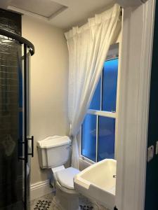 a bathroom with a toilet and a sink and a window at Patrick Street Townhouse in Cork