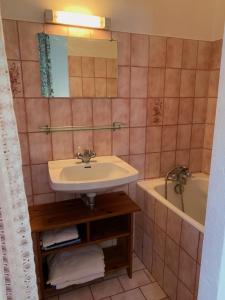 La salle de bains est pourvue d'un lavabo et d'une baignoire. dans l'établissement Maison Les Mimosas, à Rayol-Canadel-sur-Mer