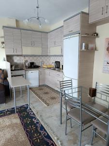 uma cozinha com uma mesa e cadeiras e um frigorífico branco em PS House Amfikleia - PS Rental em Amfikleia