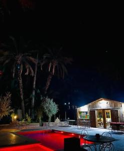Camping auberge palmeraie d'amezrou في زاكورة: مبنى فيه نخيل ومسبح بالليل