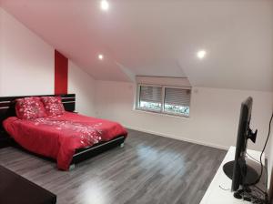a bedroom with a red bed and a flat screen tv at Loft atypique et chaleureux in Châteauroux