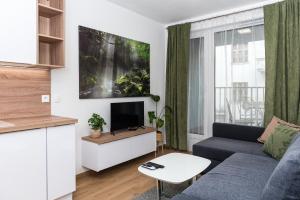 a living room with a couch and a tv at Mickiewiczova apartment free parking by Veronika & Jano in Bratislava
