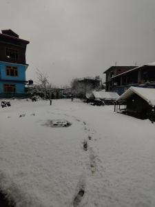 a yard covered in snow with buildings in the background at Kasol Village Camp in Kasol