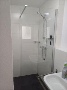 a shower with a glass door next to a sink at wie zu Hause in Ludwigsburg