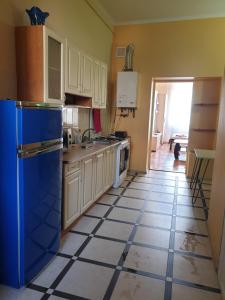 uma cozinha com um frigorífico azul e piso em azulejo em Apartment on Lysenka 27 em Lviv