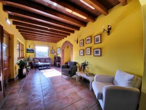 uma sala de estar com paredes amarelas e sofás em La Biesca Sebreñu em Ribadesella