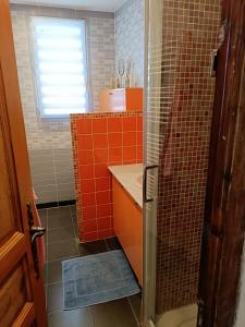 ein Bad mit orangefarbenen Fliesen und einer Dusche in der Unterkunft Chambre dans maison individuelle vue sur le massif de l'étoile in Marseille