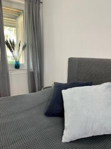 een slaapkamer met een bed met een kussen en een raam bij discovAIR Eisenach - 3-Zi- Apartment Matteo- Schwimmbad-Nah mit Netflix in Eisenach