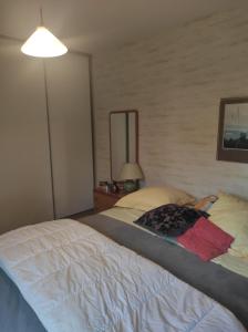 Eine Frau, die in einem Schlafzimmer auf einem Bett liegt. in der Unterkunft Grande maison avec garage et jardin clôturé - 6pers in La Chapelle-Saint-Aubin