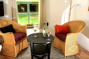 een kamer met 2 stoelen en een tafel met wijnglazen bij De Corylus Vakantie Appartement in Oosterhesselen