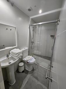 een badkamer met een douche, een toilet en een wastafel bij HOSTAL FONCALADA in Oviedo