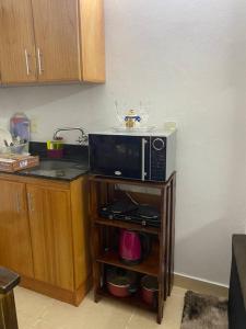 a microwave on a stand in a kitchen at Departamento lujoso,confortable in San Lorenzo