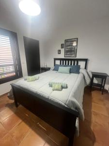 ein Schlafzimmer mit einem großen Bett mit zwei Kissen darauf in der Unterkunft CASA SIBILA in Playa Honda