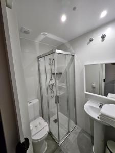 uma casa de banho com um chuveiro, um WC e um lavatório. em HOSTAL FONCALADA em Oviedo