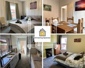 沃灵顿Spacious 2-Bedroom House In Stockton Heath With Free WiFi By Amazing Spaces Relocations Ltd的卧室和客厅的照片拼合在一起