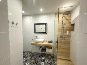 a bathroom with a sink and a shower at Euro Loft Old Town Apartament in Gdańsk