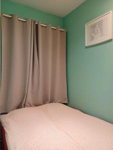 - une chambre avec un lit et un rideau à côté dans l'établissement Holiday Cottage, à Waulsort
