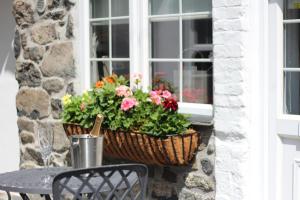 a table with a basket of flowers on a window at Ginentonic Holiday Cottage in Saint Keverne
