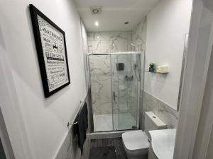 ein Bad mit einer Glasdusche und einem WC in der Unterkunft Luxurious 2 bedroom flat in Beeston Hill