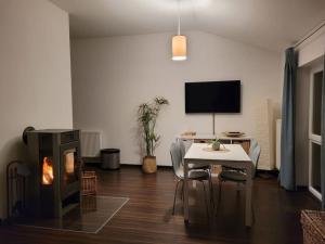 a living room with a fireplace and a table and a television at Ferienwohnung MaLaMaBu am Kitespot Saal Ostsee in Saal