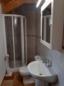 uma casa de banho com um WC, um lavatório e um chuveiro em Casa Castillón em Ceresa