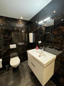 La salle de bains est pourvue d'un lavabo, de toilettes et d'un miroir. dans l'établissement Ferienwohnung E, à Soltau