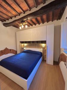 een slaapkamer met een blauw bed en houten vloeren bij La casina nel convento in Asciano