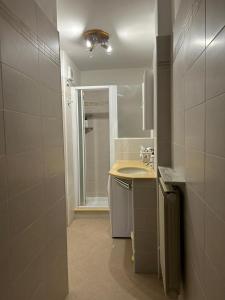 een kleine badkamer met een wastafel en een douche bij Marilù in Stezzano