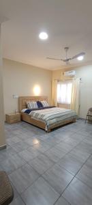 1 dormitorio con 1 cama y ventilador de techo en Bene and Boat Apartments, en Madina