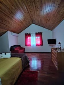 sypialnia z łóżkiem, telewizorem i czerwonymi zasłonami w obiekcie Casa das Camélias w mieście Viseu