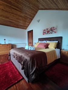 a bedroom with a large bed and a red rug at Casa das Camélias in Viseu