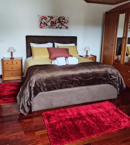 a bedroom with a large bed with two red rugs at Casa das Camélias in Viseu