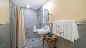 a bathroom with a shower and a sink and a mirror at Glunz Ocean Beach Hotel and Resort in Marathon