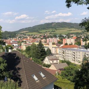 - une vue sur une ville avec des bâtiments et des arbres dans l'établissement Apartmán PodFaustinkou, à Sušice