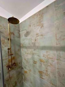 uma casa de banho com um chuveiro e uma parede em azulejo em la Casina Lopez em Cudillero