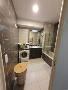 baño pequeño con lavadora y lavamanos en Bright apartment with balcony, en Montpellier