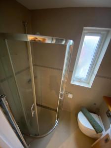 y baño con ducha, aseo y ventana. en Studio apartment near Sutton, Croydon, en Banstead