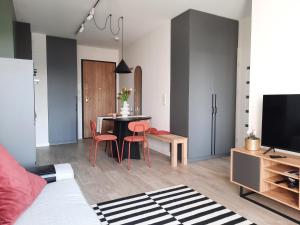 グディニャにあるAPARTAMENTY Z MORZA I MARZEŃのテーブルと椅子とテレビのあるリビングルーム