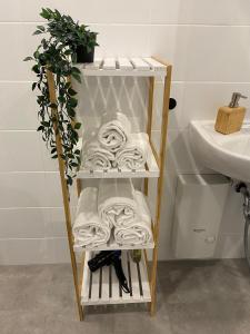 um toalheiro numa casa de banho ao lado de um lavatório em Hygge Homes - 1BR Apartment inkl. TV und Küche em Rosengarten