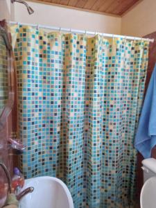 a bathroom with a shower curtain with a sink at el sueño del pibe in San Antonio de Areco +4 photos