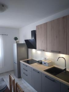 a kitchen with a sink and a refrigerator at Apartman Maja in Veli Iž