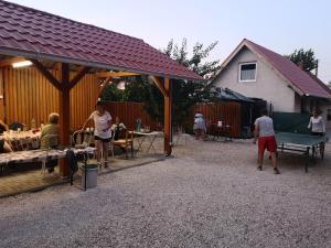 a group of people standing around in a yard at Biró Vendégház in Sármellék
