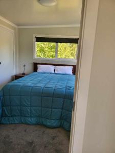 ein Schlafzimmer mit einem blauen Bett und einem Fenster in der Unterkunft Hillview in Waimate